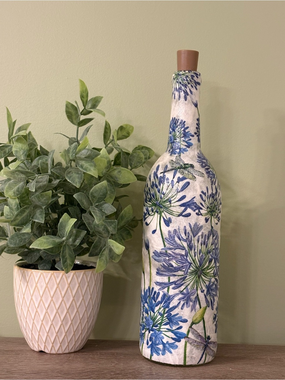 Handcrafted Dragonfly and Flower Decorative Bottle